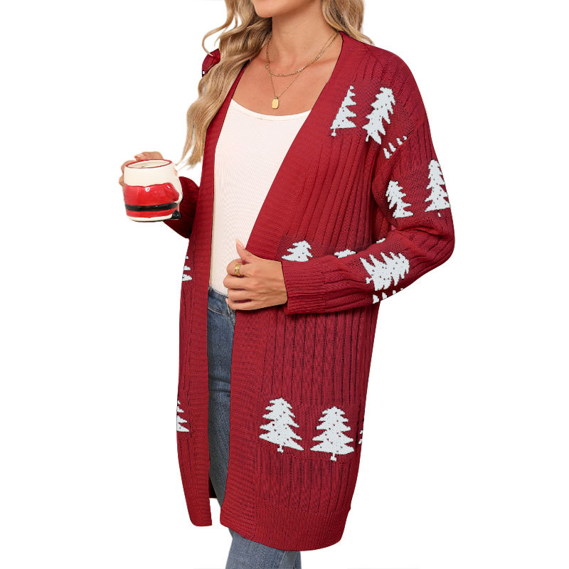 Womens Christmas Tree Pattern Long Cardigan Winter Open Front Knit Sweater